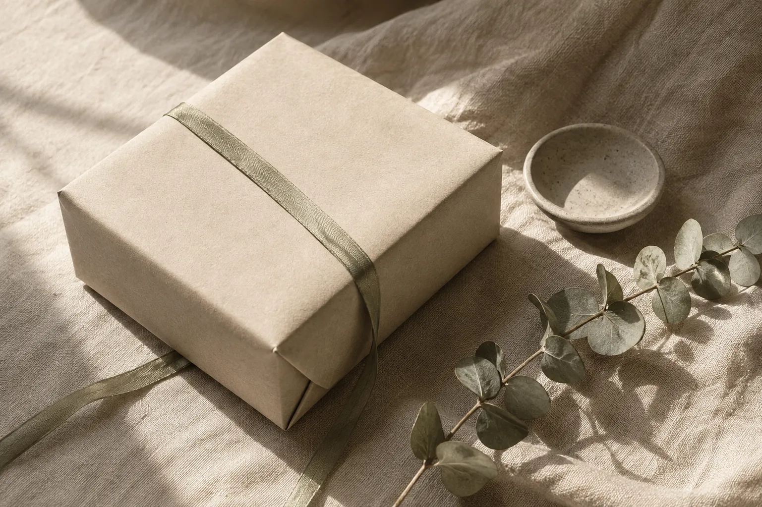 In Naturpapier verpacktes Geschenk mit Seidenband, Keramikschale, warmes Tageslicht